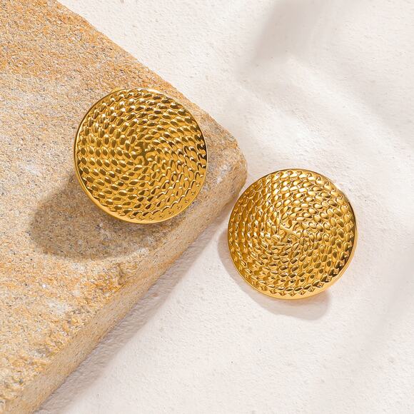 Clip on 1" textured gold thin round button style earrings - Picture 3 of 4